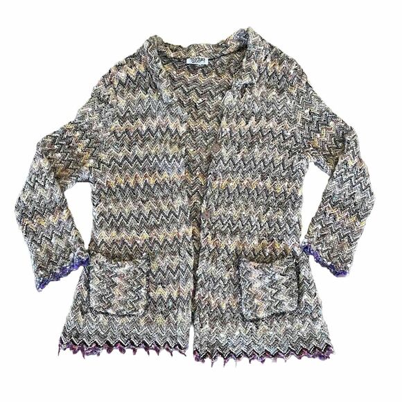 Vintage y2k Chunky Knit Long Cardigan Funky Fuzzy Zig Zag French Handmade - Picture 2 of 10